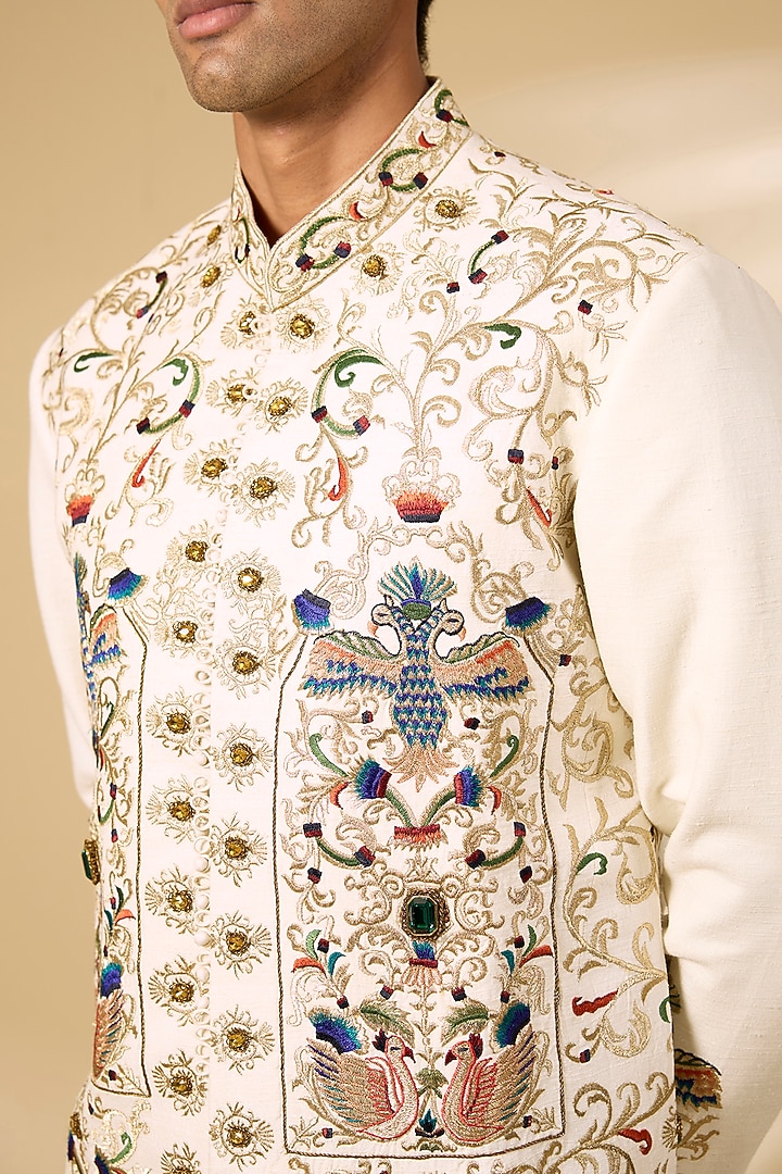 Ivory Matka Silk Hand Embroidered Groom Bandhgala Jacket by Rohit Bal Men at Pernia's Pop Up Shop
