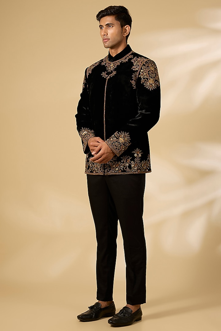 Black Silk Velvet Embroidered Bandhgala Jacket by Rohit Bal Men