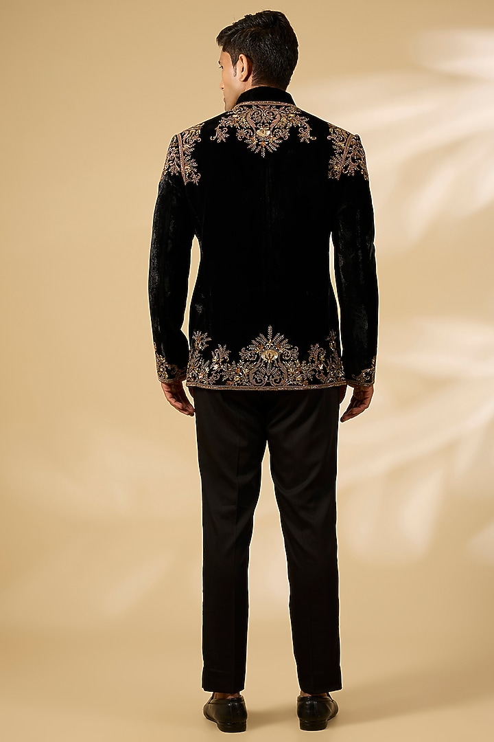 Black Silk Velvet Embroidered Groom Bandhgala Jacket by Rohit Bal Men at Pernia's Pop Up Shop