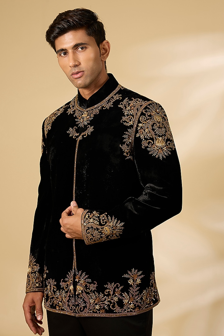 Black Silk Velvet Embroidered Groom Bandhgala Jacket by Rohit Bal Men at Pernia's Pop Up Shop