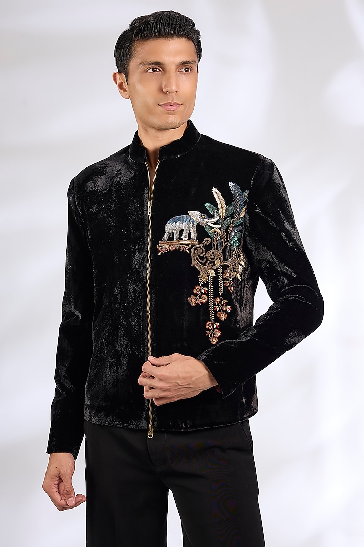 Black Velvet Groom Bandhgala Jacket by Rohit Bal Men at Pernia's Pop Up Shop