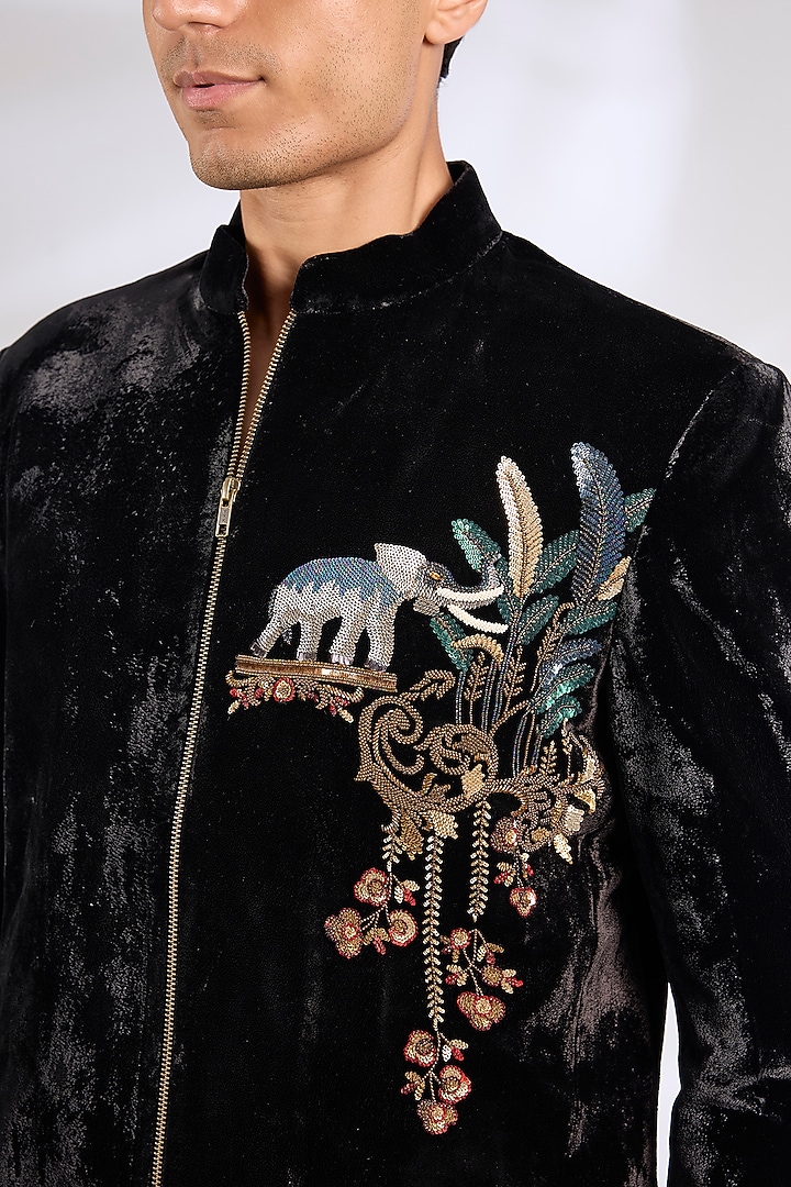 Black Velvet Groom Bandhgala Jacket by Rohit Bal Men at Pernia's Pop Up Shop