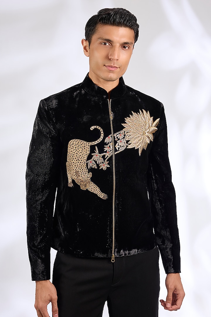 Black Velvet Groom Bandhgala Jacket by Rohit Bal Men at Pernia's Pop Up Shop