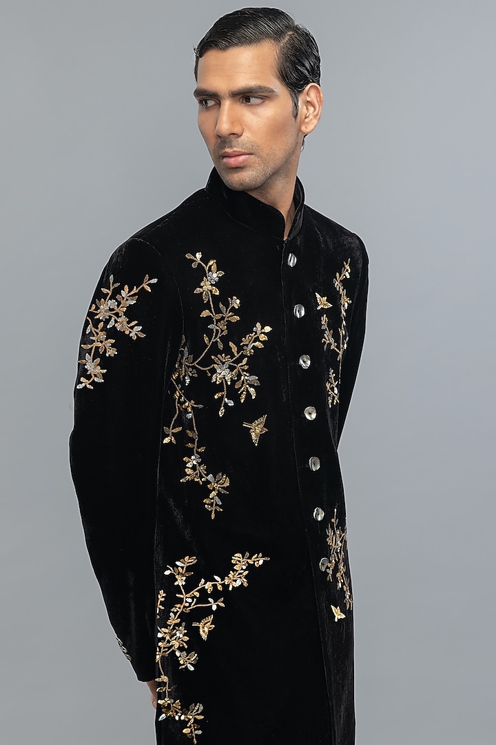Black Velvet Embroidered Groom Sherwani by Rohit Bal Men at Pernia's Pop Up Shop