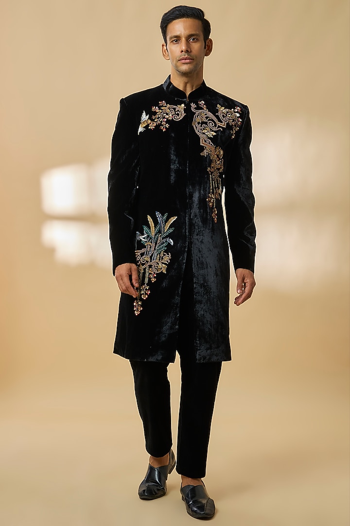 Black Velvet Groom Sherwani by Rohit Bal Men at Pernia's Pop Up Shop