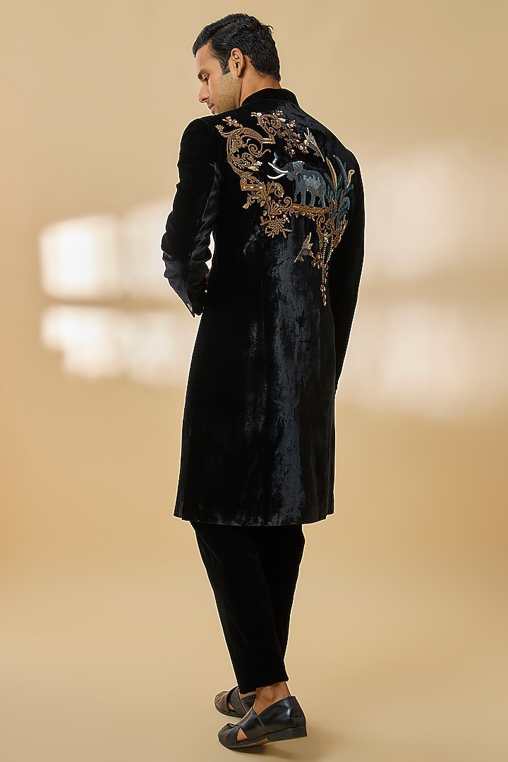 Black Velvet Groom Sherwani by Rohit Bal Men at Pernia's Pop Up Shop