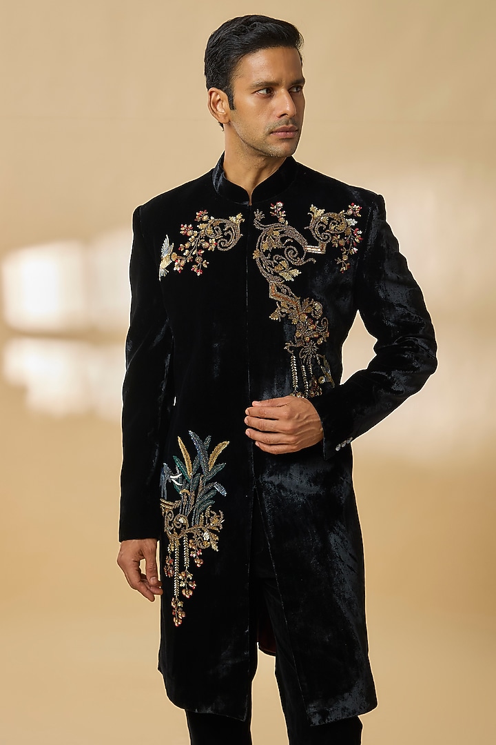 Black Velvet Groom Sherwani by Rohit Bal Men at Pernia's Pop Up Shop