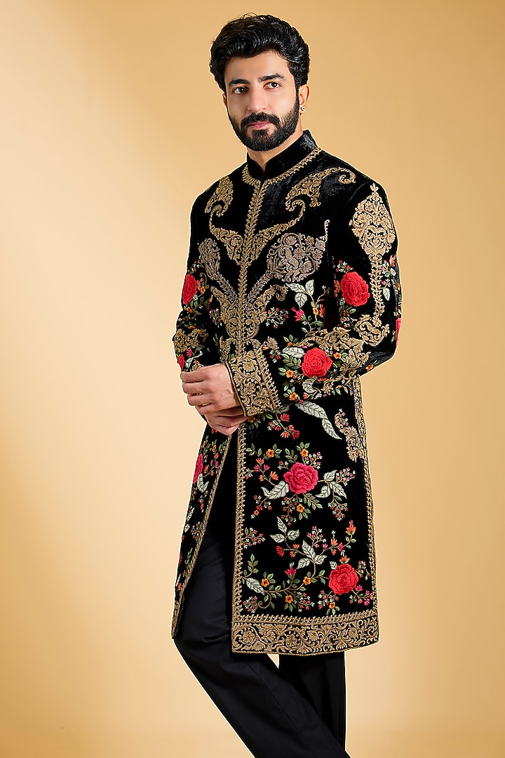 Black Silk Velvet Sherwani by Rohit Bal Men at Pernia's Pop Up Shop