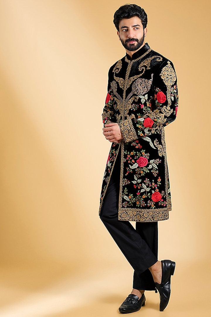 Black Silk Velvet Sherwani by Rohit Bal Men at Pernia's Pop Up Shop