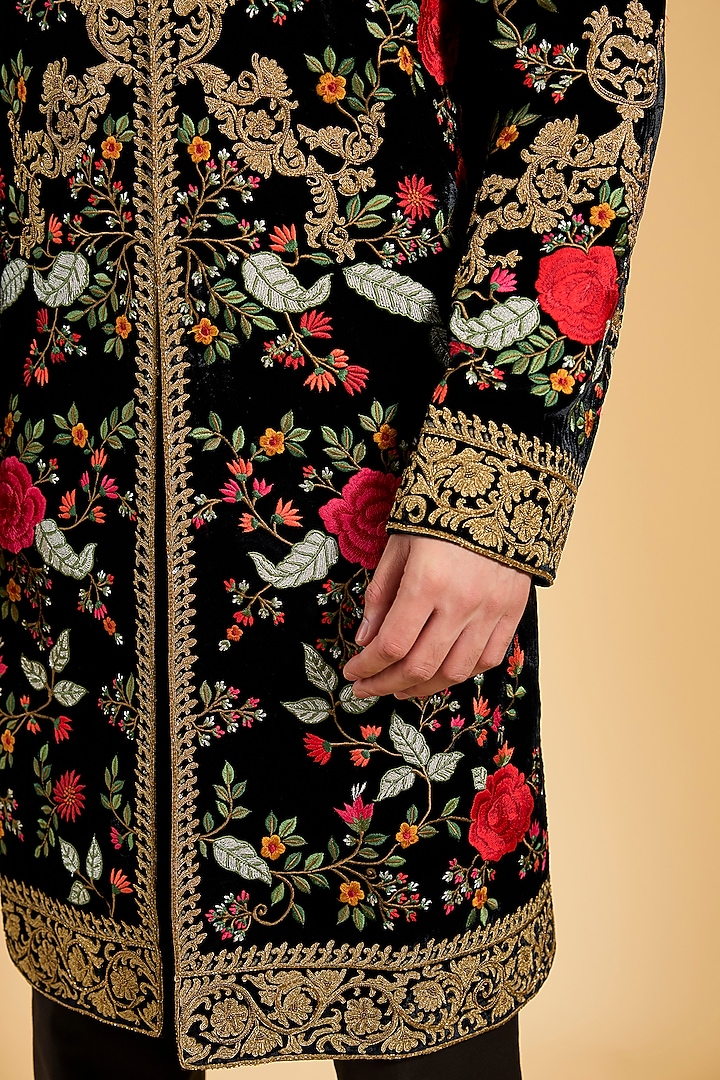 Black Silk Velvet Sherwani by Rohit Bal Men at Pernia's Pop Up Shop