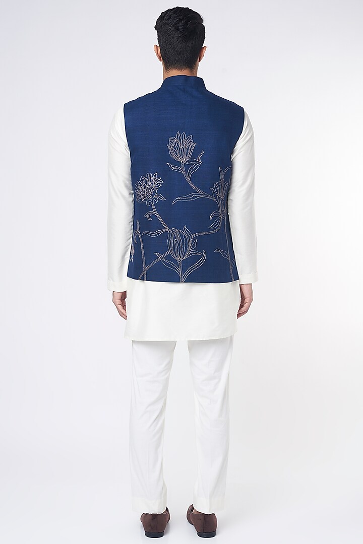 Navy Blue Linen Embroidered Nehru Jacket Set by Rohit Bal Men at Pernia's Pop Up Shop