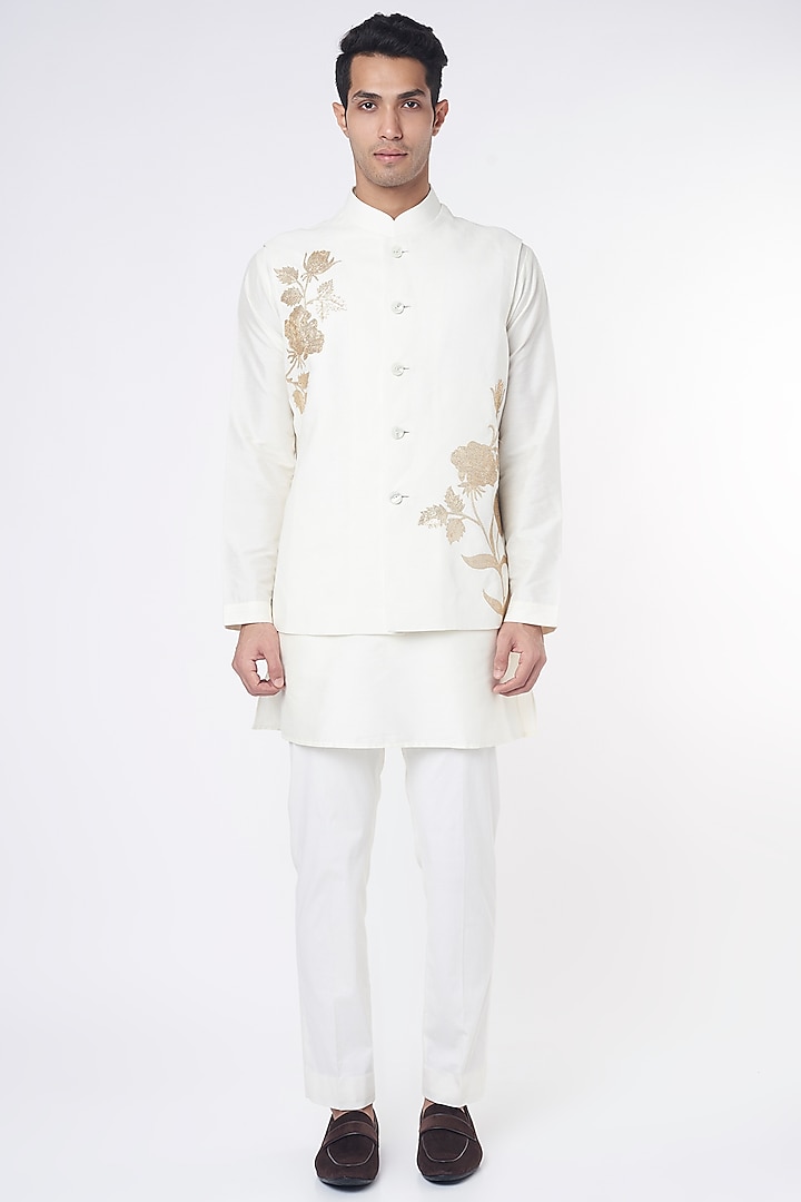 White Sequins Embroidered Nehru Jacket by Rohit Bal Men