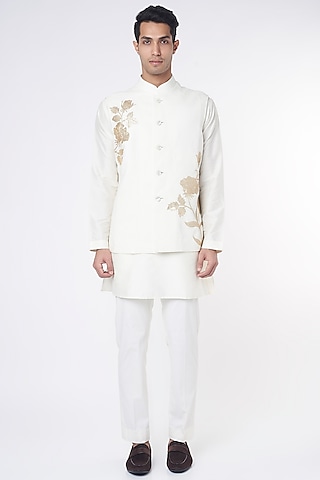White Linen Sequins Embroidered Nehru Jacket by Rohit Bal Men