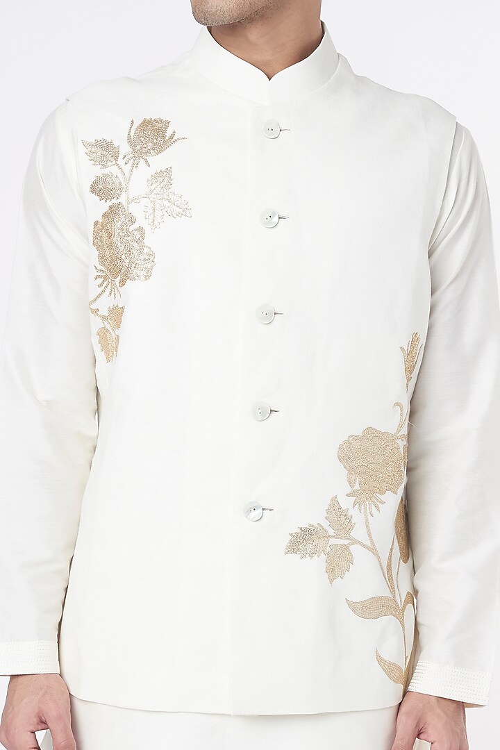 White Linen Sequins Embroidered Nehru Jacket by Rohit Bal Men at Pernia's Pop Up Shop