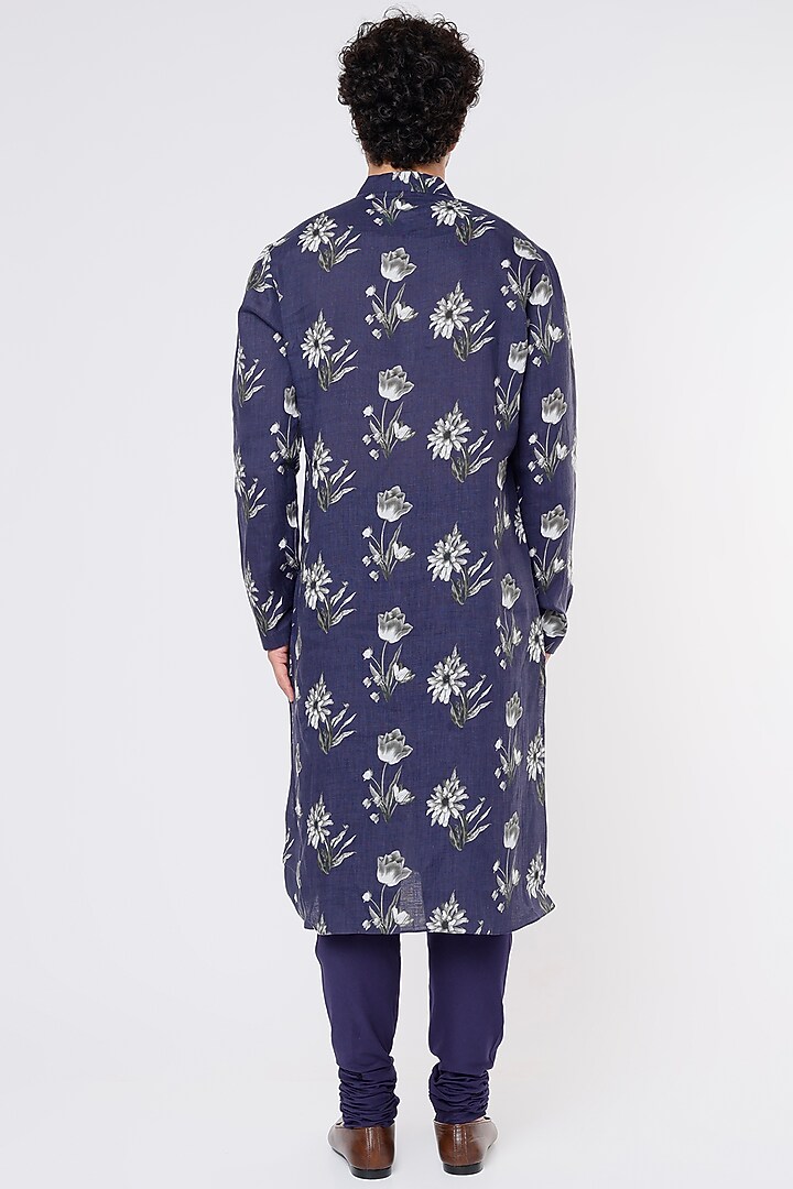 Indigo Linen & Heavy Voile Digital Printed Kurta Set by Rohit Bal Men at Pernia's Pop Up Shop