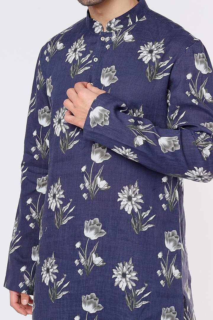 Indigo Linen & Heavy Voile Digital Printed Kurta Set by Rohit Bal Men at Pernia's Pop Up Shop