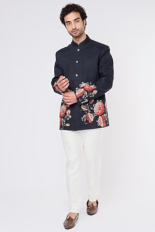 Black Linen Printed Bandhgala Jacket by Rohit Bal Men