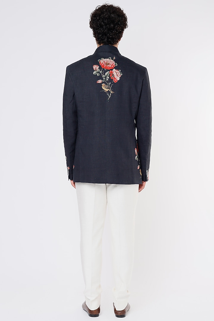 Black Linen Printed Wedding Bandhgala Jacket by Rohit Bal Men at Pernia's Pop Up Shop