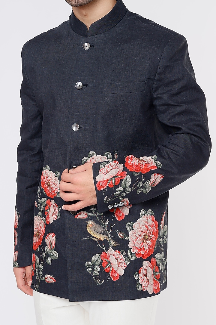 Black Linen Printed Wedding Bandhgala Jacket by Rohit Bal Men at Pernia's Pop Up Shop