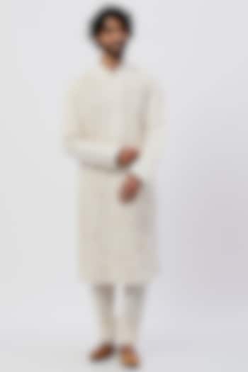 White Machine Embroidered Kurta Set by Rohit Bal Men