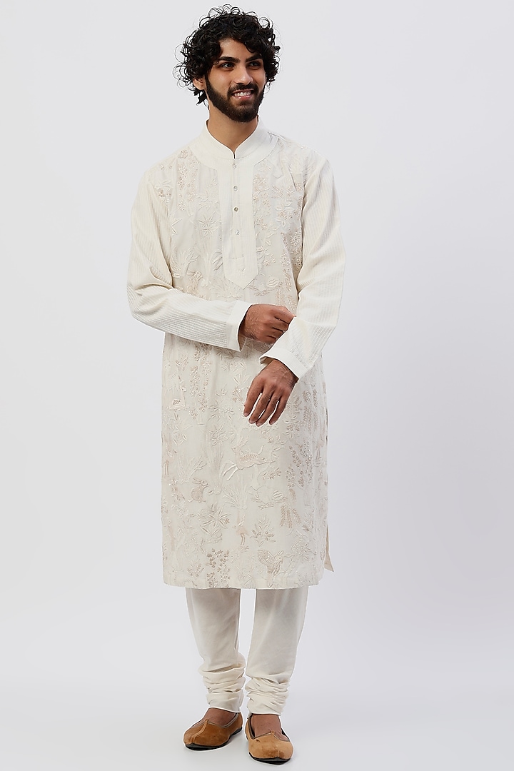 White Machine Embroidered Kurta Set by Rohit Bal Men