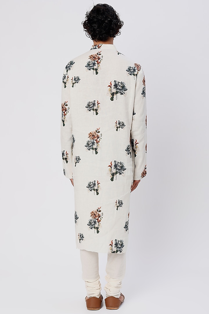 Ivory Linen Floral Printed Kurta Set by Rohit Bal Men at Pernia's Pop Up Shop