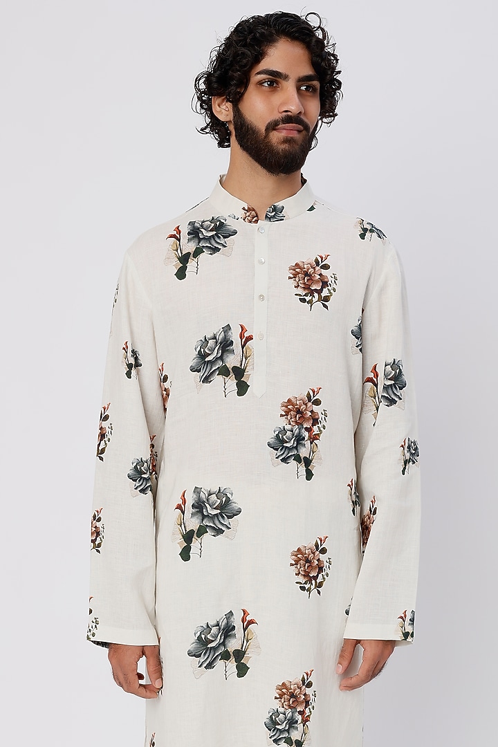 Ivory Linen Floral Printed Kurta Set by Rohit Bal Men at Pernia's Pop Up Shop