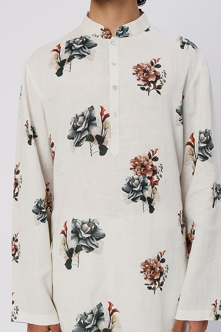 Ivory Linen Floral Printed Kurta Set by Rohit Bal Men at Pernia's Pop Up Shop