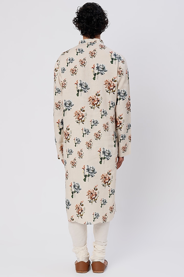 Ivory Linen Printed Kurta Set by Rohit Bal Men at Pernia's Pop Up Shop