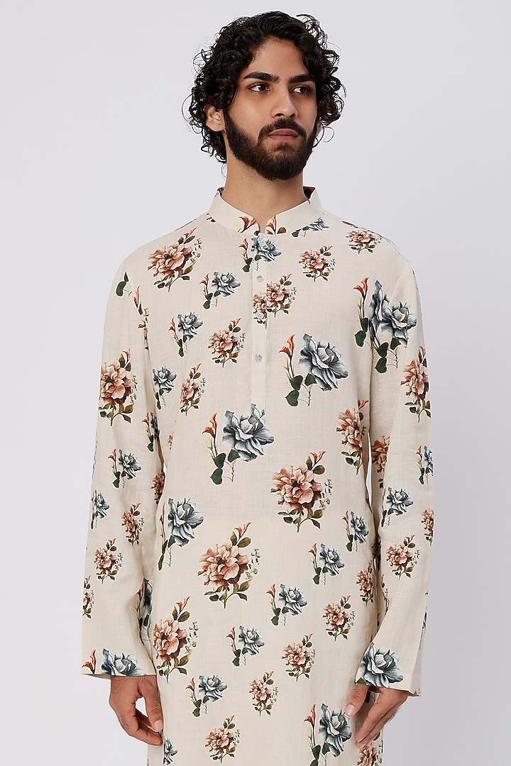 Ivory Linen Printed Kurta Set by Rohit Bal Men at Pernia's Pop Up Shop