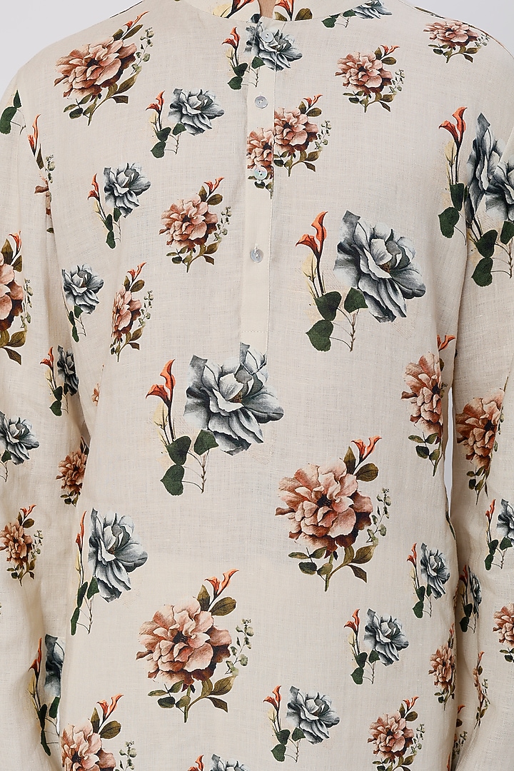 Ivory Linen Printed Kurta Set by Rohit Bal Men at Pernia's Pop Up Shop