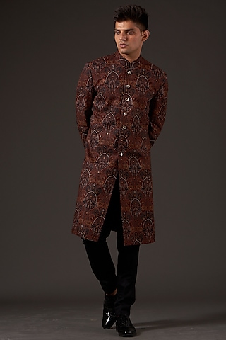 Brown Linen Printed & Hand Embroidered Sherwani by Rohit Bal Men