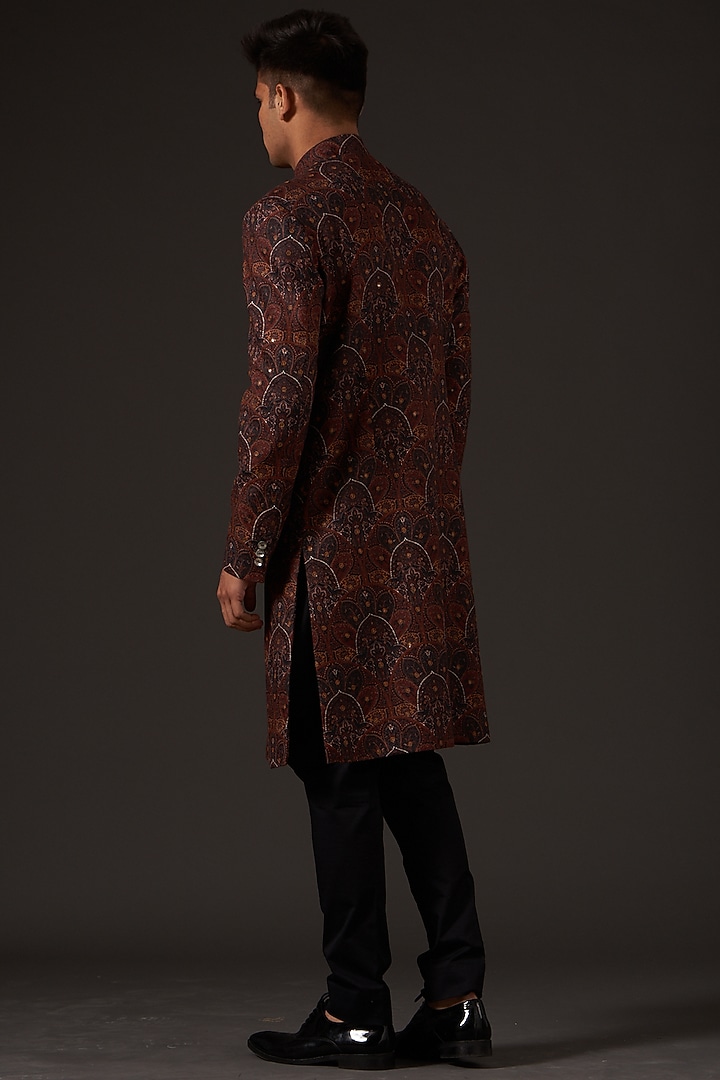 Brown Linen Printed & Hand Embroidered Wedding Sherwani by Rohit Bal Men at Pernia's Pop Up Shop