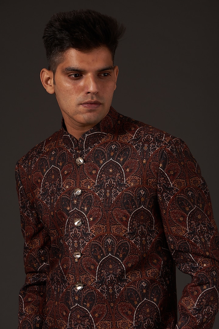 Brown Linen Printed & Hand Embroidered Wedding Sherwani by Rohit Bal Men at Pernia's Pop Up Shop