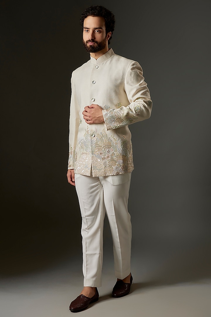 Ivory Matka Silk Hand Embroidered Bandhgala by Rohit Bal Men