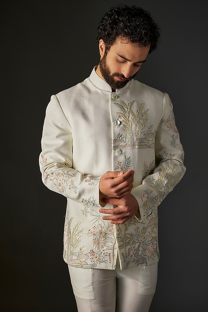 Ivory Matka Silk Floral Hand & Machine Embroidered Bandhgala by Rohit Bal Men