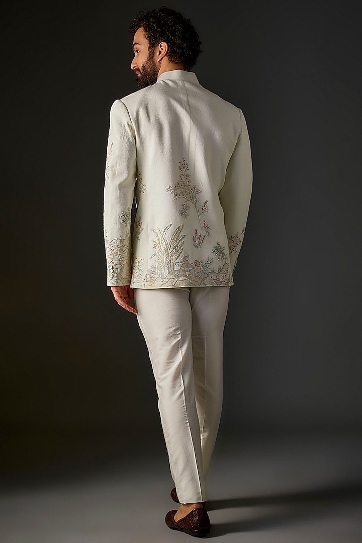Ivory Matka Silk Floral Hand & Machine Embroidered Groom Bandhgala by Rohit Bal Men at Pernia's Pop Up Shop