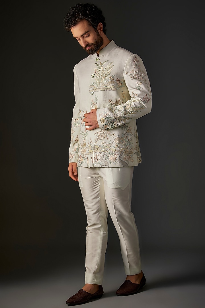 Ivory Matka Silk Floral Hand & Machine Embroidered Groom Bandhgala by Rohit Bal Men at Pernia's Pop Up Shop