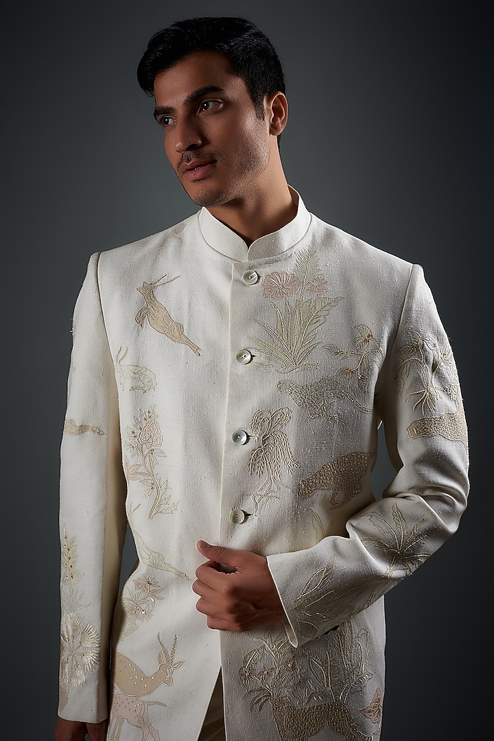 Ivory Matka Silk Hand Embroidered Groom Bandhgala by Rohit Bal Men at Pernia's Pop Up Shop