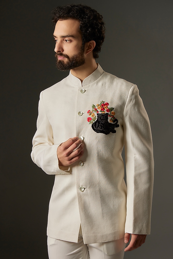 Ivory Matka Silk Resham Embroidered Groom Bandhgala by Rohit Bal Men at Pernia's Pop Up Shop