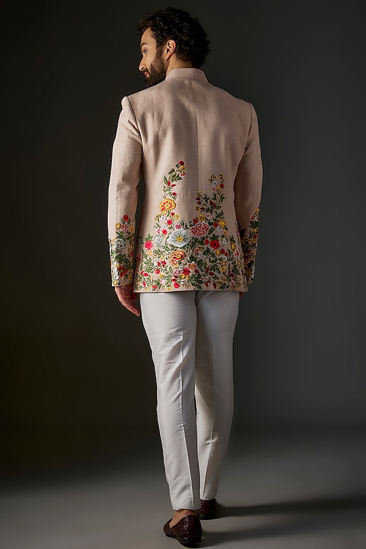 Peach Matka Silk Floral Hand & Machine Embroidered Groom Bandhgala by Rohit Bal Men at Pernia's Pop Up Shop
