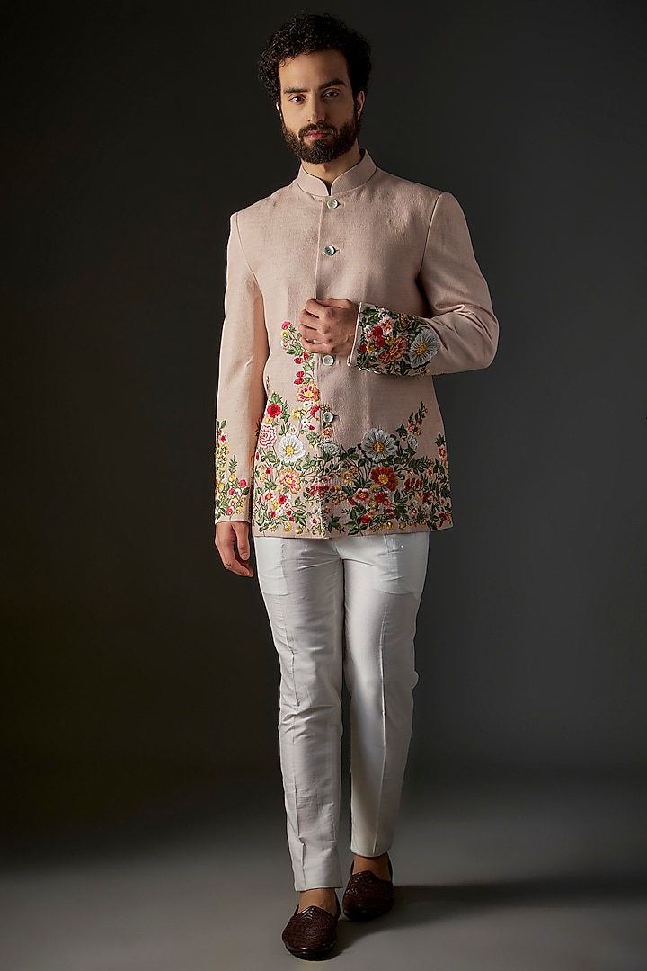 Peach Matka Silk Floral Hand & Machine Embroidered Groom Bandhgala by Rohit Bal Men at Pernia's Pop Up Shop