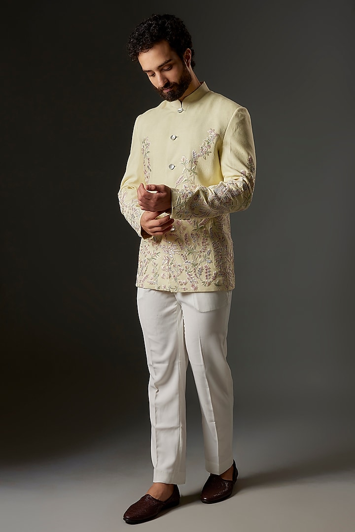 Lime Yellow Matka Silk Hand Embroidered Bandhgala by Rohit Bal Men