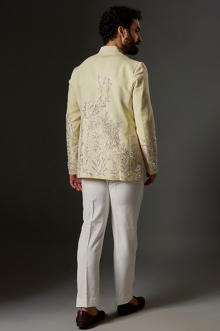 Lime Yellow Matka Silk Hand Embroidered Groom Bandhgala by Rohit Bal Men at Pernia's Pop Up Shop