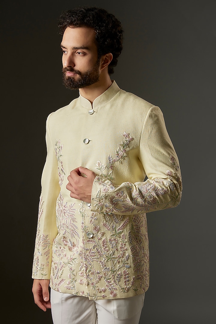 Lime Yellow Matka Silk Hand Embroidered Groom Bandhgala by Rohit Bal Men at Pernia's Pop Up Shop