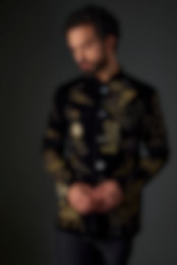 Black Silk Velvet Hand & Machine Embroidered Groom Bandhgala by Rohit Bal Men at Pernia's Pop Up Shop