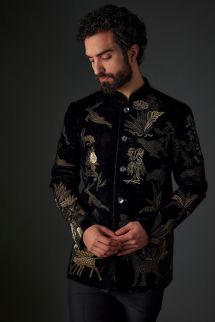 Black Silk Velvet Hand & Machine Embroidered Groom Bandhgala by Rohit Bal Men at Pernia's Pop Up Shop