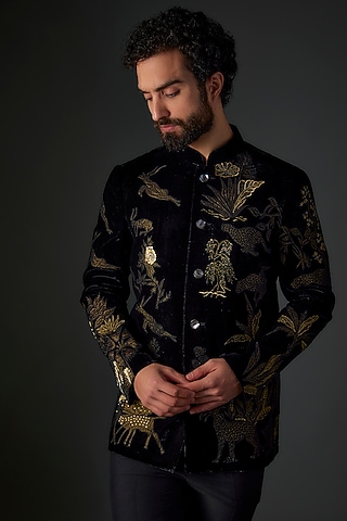 Black Silk Velvet Hand & Machine Embroidered Bandhgala by Rohit Bal Men