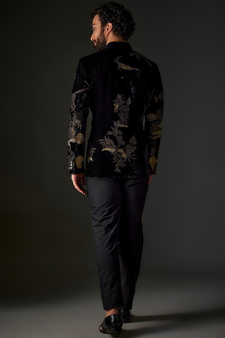 Black Silk Velvet Hand & Machine Embroidered Groom Bandhgala by Rohit Bal Men at Pernia's Pop Up Shop