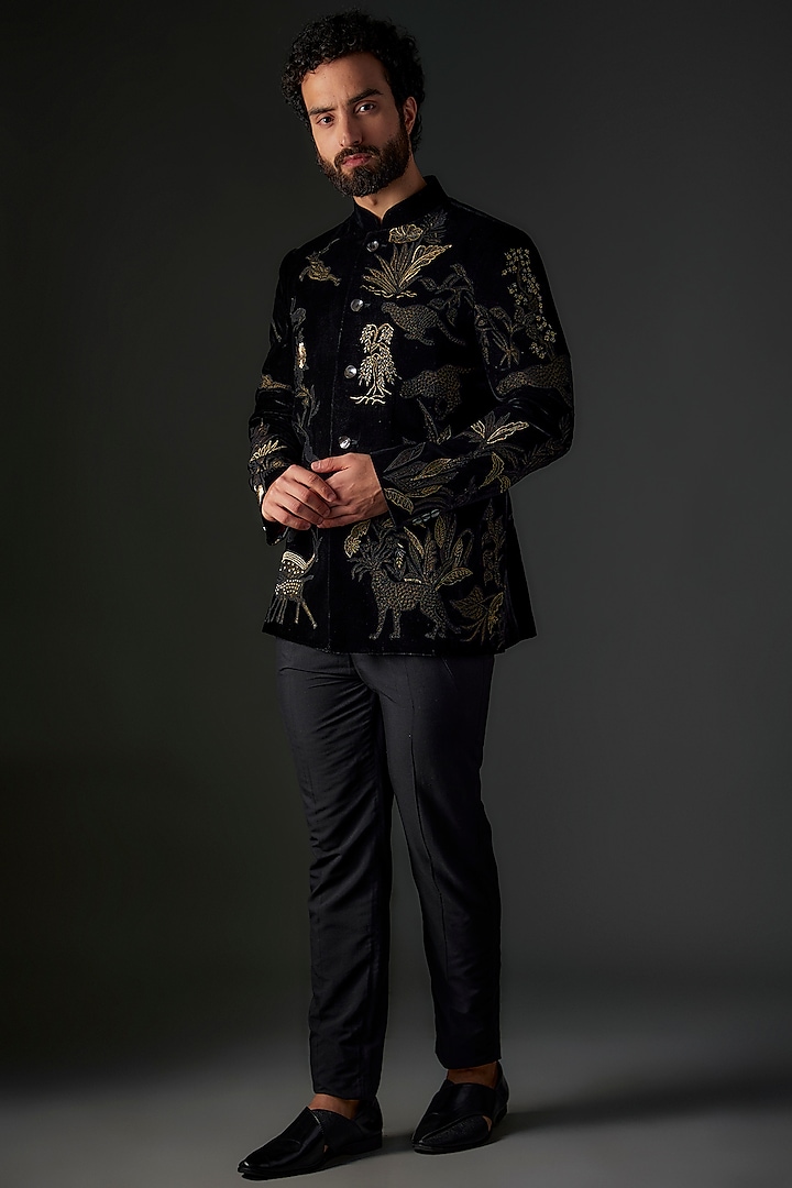 Black Silk Velvet Hand & Machine Embroidered Groom Bandhgala by Rohit Bal Men at Pernia's Pop Up Shop
